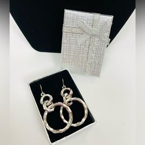 Silver Tone Hammered Dangle Hoop Earrings Pierced
